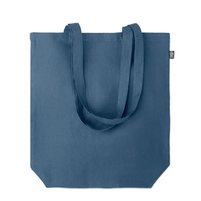 Geanta de cumparaturi din canepa 200 gr m² albastra solida cu manere rezistente si eticheta neagra mica