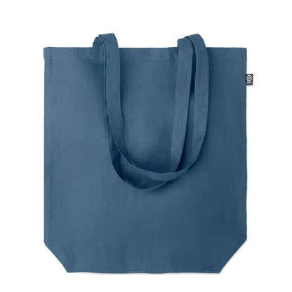 Geanta de cumparaturi din canepa 200 gr m² albastra solida cu manere rezistente si eticheta neagra mica