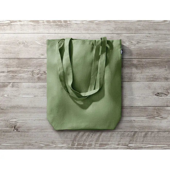 Geanta de cumparaturi din canepa 200 gr m² olive verde din panza cu manere rezistente si eticheta mica neagra