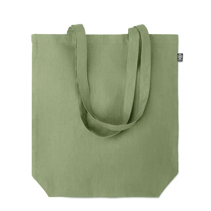 Geanta de cumparaturi din canepa 200 gr/m² simpla, olive green, cu manere din acelasi material si eticheta neagra mica