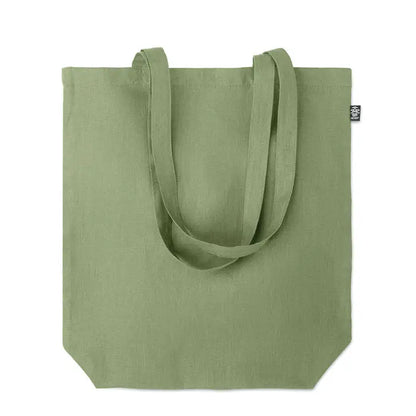 Geanta de cumparaturi din canepa 200 gr/m² simpla, olive green, cu manere din acelasi material si eticheta neagra mica