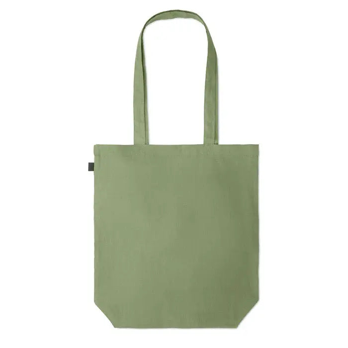 Geanta de cumparaturi din canepa 200 gr/m² olive verde simpla cu manere rezistente si eticheta neagra mica pe lateral