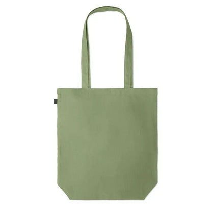 Geanta de cumparaturi din canepa 200 gr/m² olive verde simpla cu manere rezistente si eticheta neagra mica pe lateral