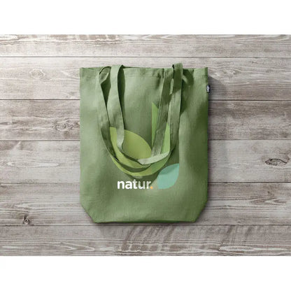 Geanta de cumparaturi din canepa 200 gr/m² sage green cu manere asortate si design frunza minimalist natur imprimat