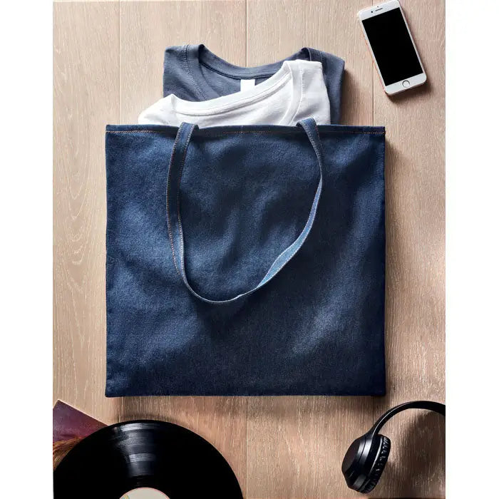 Geanta de cumparaturi din denim reciclat albastru inchis cu manere rezistente din material durabil