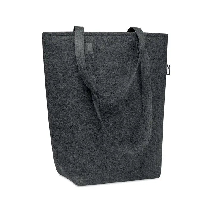 Geanta de cumparaturi din fetru RPET gri inchis cu manere rezistente si design minimalist din fetru reciclat