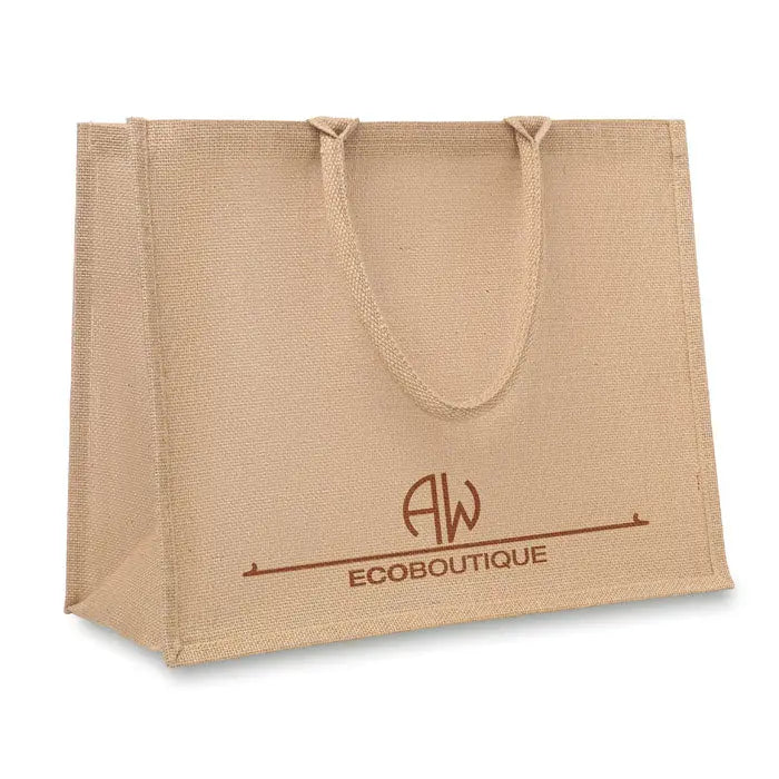 Beige geanta de cumparaturi din iuta cu manere impletite si logo brodat maro aw ecotique
