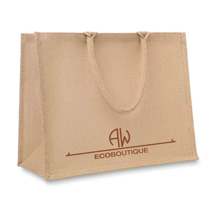 Beige geanta de cumparaturi din iuta cu manere impletite si logo brodat maro aw ecotique