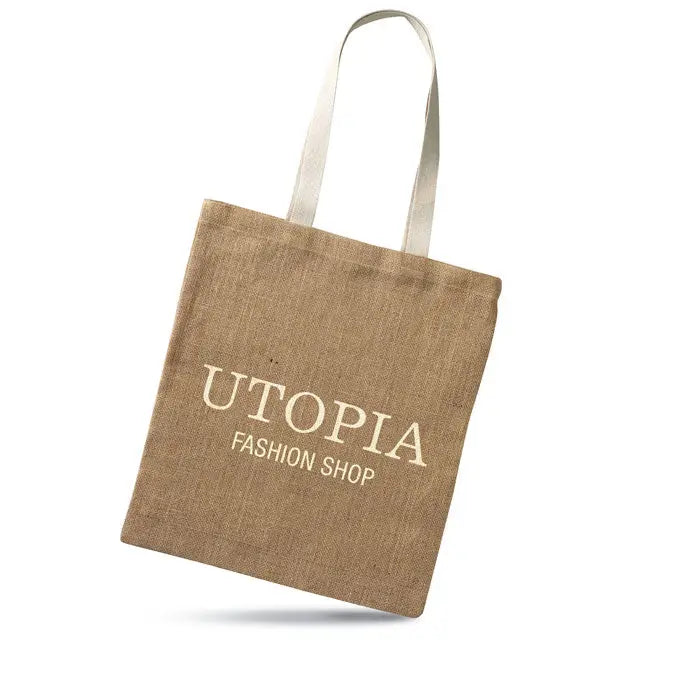 Geanta de cumparaturi din iuta bej cu manere albe si text cream utopia fashion shop