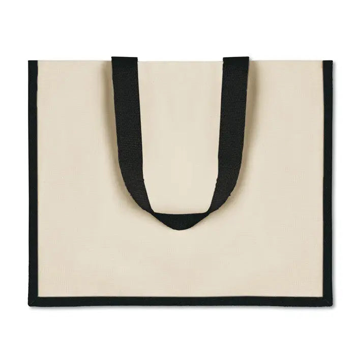 Beige geanta de cumparaturi din panza cu manere si margini negre din material textil