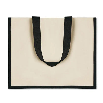 Beige geanta de cumparaturi din panza cu manere si margini negre din material textil
