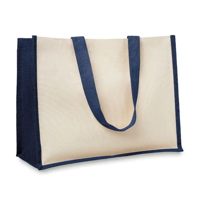 Geanta de cumparaturi din iuta si panza beige si navy blue cu manere rezistente din panza