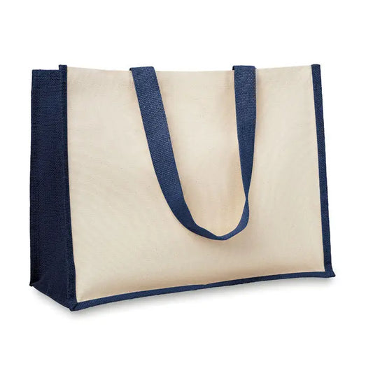 Geanta de cumparaturi din iuta si panza beige si navy blue cu manere rezistente din panza
