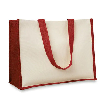 Cream-colored canvas tote bag with red jute handles and trim geanta de cumparaturi din iuta si panza