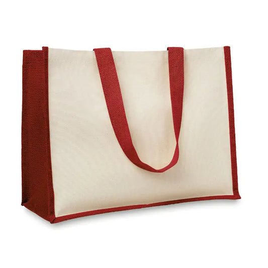 Cream-colored canvas tote bag with red jute handles and trim geanta de cumparaturi din iuta si panza