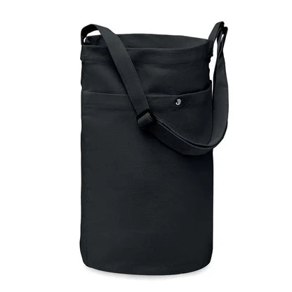 Geanta de cumparaturi din panza 270 gr m² neagra cu buzunar frontal si curea ajustabila pentru umar