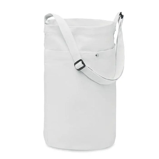 Geanta de cumparaturi din panza alba 270 gr/m² cu bretea ajustabila si buzunar frontal
