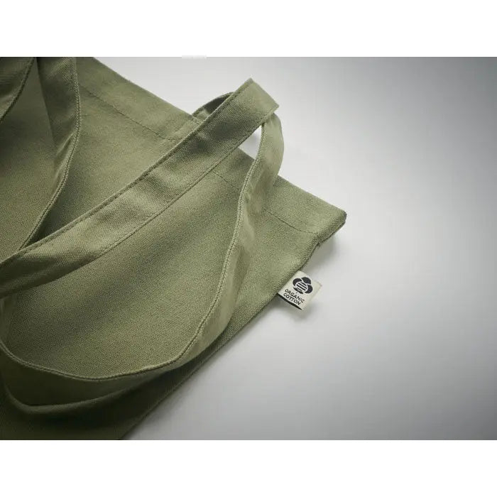 Geanta de cumparaturi olive green din panza 270 gr m² cu manere rezistente si eticheta alba organica