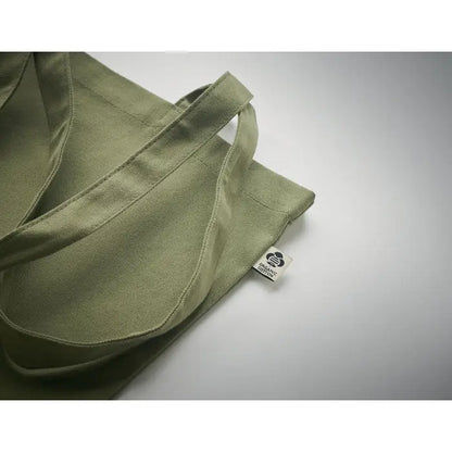 Geanta de cumparaturi olive green din panza 270 gr m² cu manere rezistente si eticheta alba organica