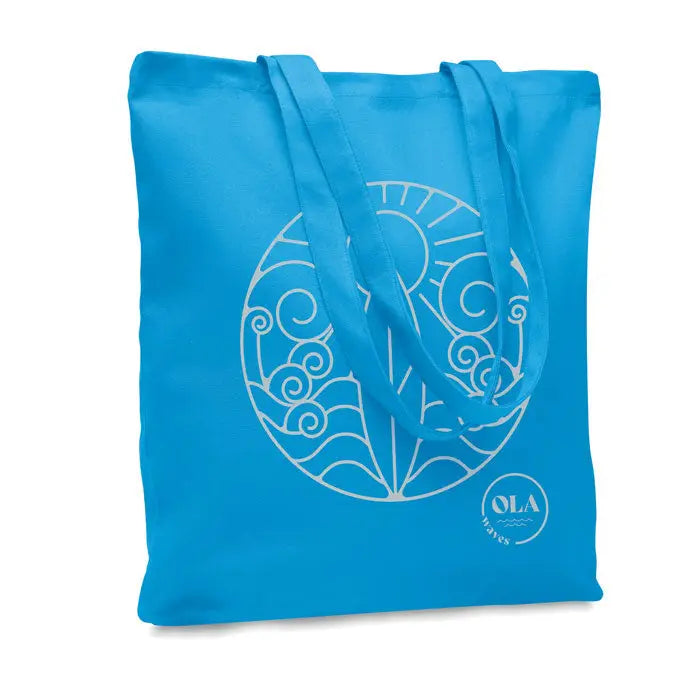 Geanta de cumparaturi din panza albastra 270 gr m² cu design circular brodat alb si logo ola waves