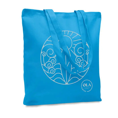 Geanta de cumparaturi din panza albastra 270 gr m² cu design circular brodat alb si logo ola waves