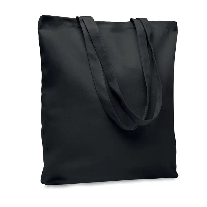 Geanta de cumparaturi din panza neagra 270 gr m² cu manere din material textil asortate