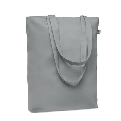 Geanta de cumparaturi din panza 270 gr m² gri cu manere rezistente si eticheta mica de brand pe lateral