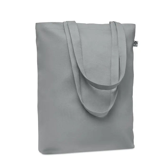 Geanta de cumparaturi din panza 270 gr m² gri cu manere rezistente si eticheta mica de brand pe lateral