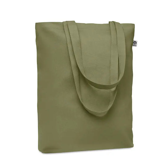 Geanta de cumparaturi din panza 270 gr/m² olive green cu manere rezistente si eticheta mica pe lateral