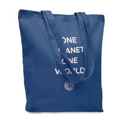 Geanta de cumparaturi din panza albastra 270 gr m² cu text alb one planet one world si logo circular mic