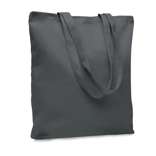 Geanta de cumparaturi din panza de 270 gr m² in gri inchis cu manere din material textil asortate