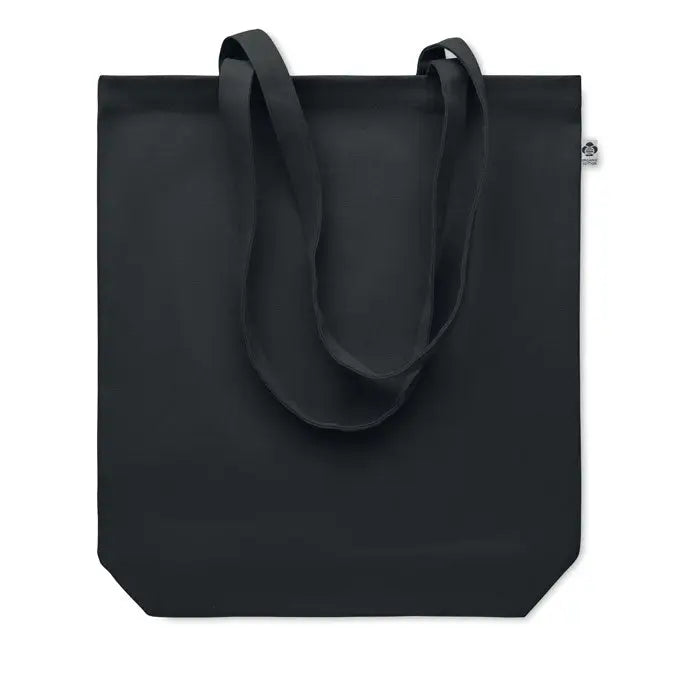 Geanta de cumparaturi neagra din panza 270 gr m² cu manere asortate si eticheta mica pe lateral