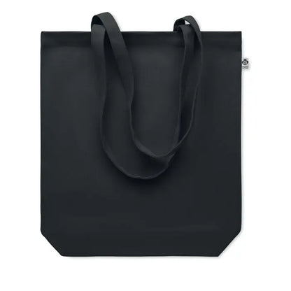 Geanta de cumparaturi neagra din panza 270 gr m² cu manere asortate si eticheta mica pe lateral