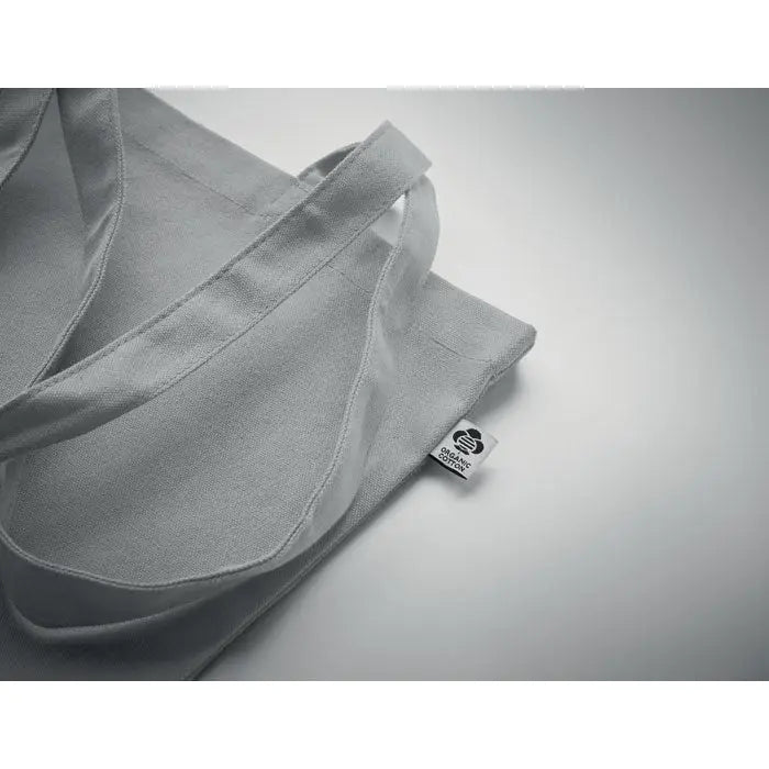 Geantă de cumpărături din pânză gri 270 gr/m² cu cusături întărite și etichetă albă organic cotton