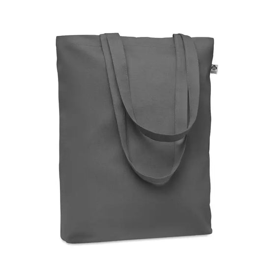 Geanta de cumparaturi din panza 270 gr/m² simpla, gri inchis cu manere rezistente si eticheta mica pe partea laterala