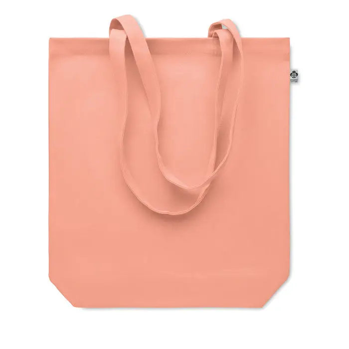 Geanta de cumparaturi din panza 270 gr m² de culoare piersica cu manere asortate si eticheta mica de brand