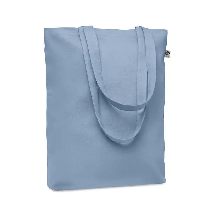 Geanta de cumparaturi din panza 270 gr m² albastra cu manere rezistente si eticheta mica de brand