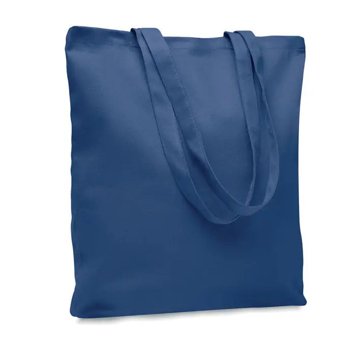 Geanta de cumparaturi din panza de 270 gr m² albastru inchis cu manere din material textil asortate