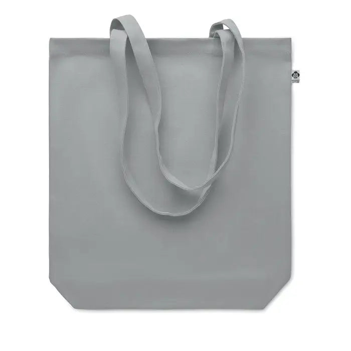 Geanta de cumparaturi din panza 270 gr m² gri minimalist cu manere asortate si eticheta mica in colt