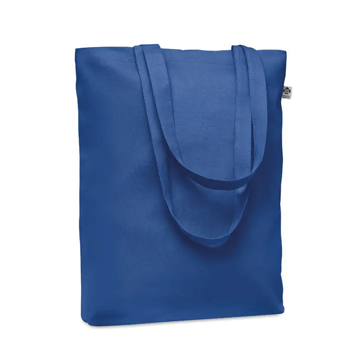 Geanta de cumparaturi din panza 270 gr m² solid royal blue cu manere asortate si eticheta mica laterala