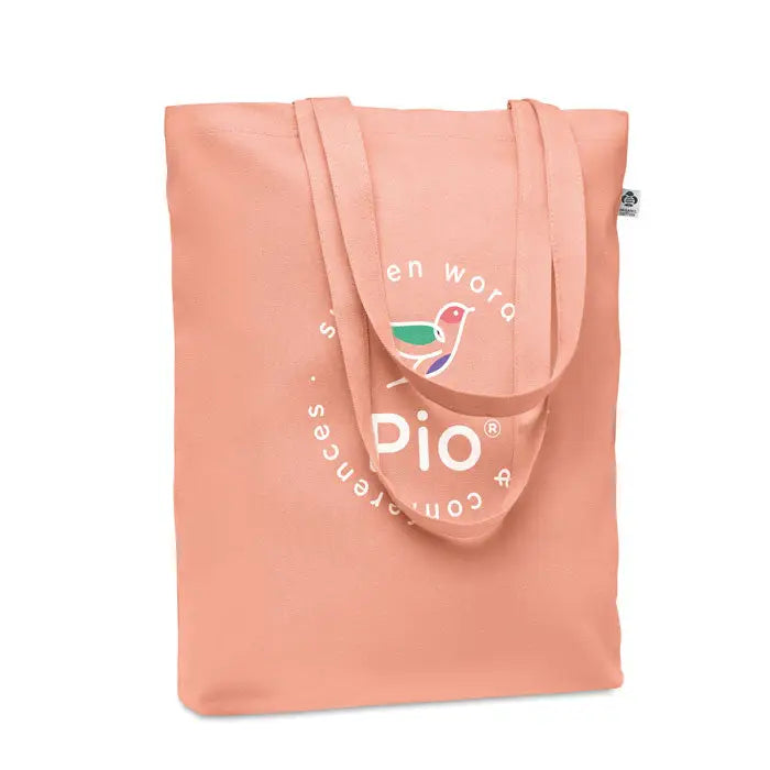 Geanta de cumparaturi din panza 270 gr m² peach cu manere asortate si logo alb circular pio cu pasare ilustrata