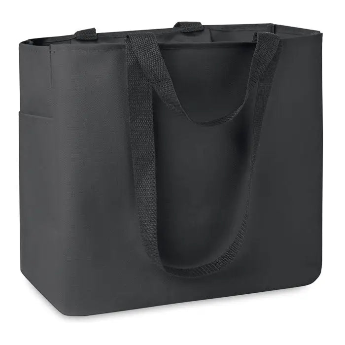 Geanta de cumparaturi din poliester 600d neagra cu manere impletite rezistente si forma dreptunghiulara structurata