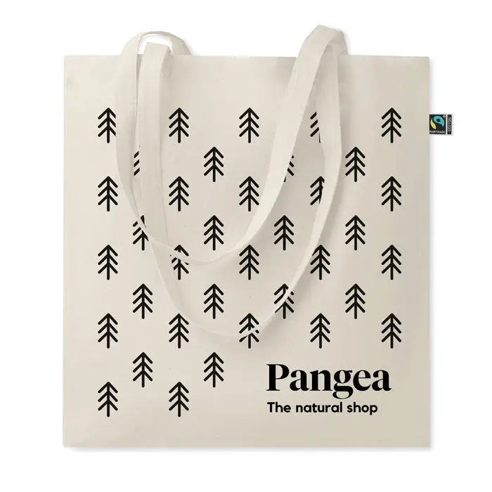 Geanta de cumparaturi din panza crem cu model negru de pin si textul pangea the natural shop fairtrade