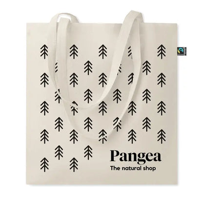 Geanta de cumparaturi din panza crem cu model negru de pin si textul pangea the natural shop fairtrade
