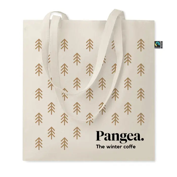 Cream-colored geanta de cumparaturi fairtrade din panza cu modele aurii de copac si text negru pangea