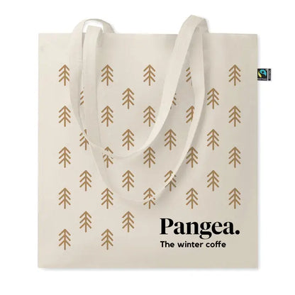 Cream-colored geanta de cumparaturi fairtrade din panza cu modele aurii de copac si text negru pangea