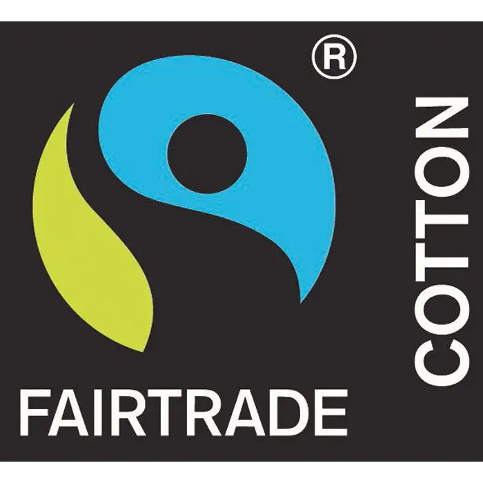 Geanta de cumparaturi fairtrade cu logo bumbac certificat fairtrade si frunza stilizata albastra si galbena pe fundal negru