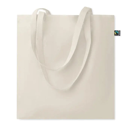 Geanta de cumparaturi fairtrade din panza off-white cu manere asortate si eticheta mica fairtrade