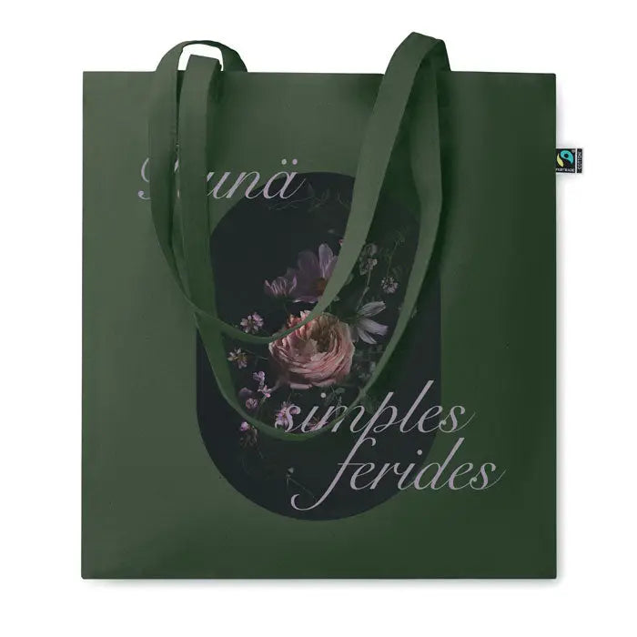 Geanta de cumparaturi fairtrade140gr/m² din panza verde inchis cu design floral circular si text cursiv alb sunnä simples ferides