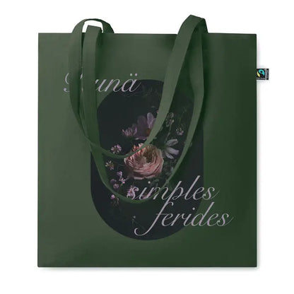 Geanta de cumparaturi fairtrade140gr/m² din panza verde inchis cu design floral circular si text cursiv alb sunnä simples ferides